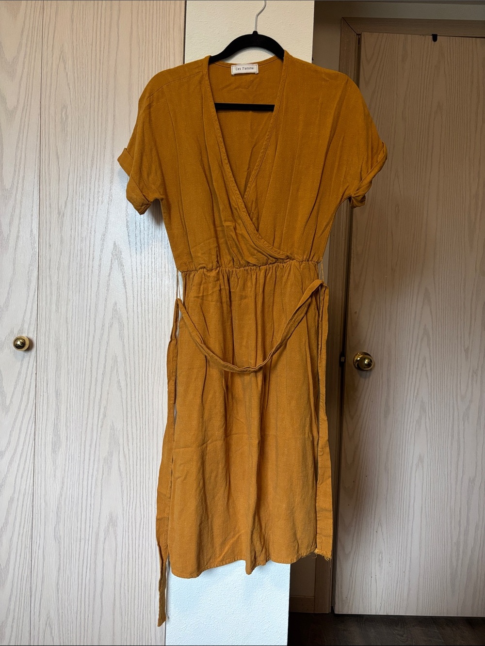 100% Cotton Mustard Wrap Midi Dress with Short Sleeves